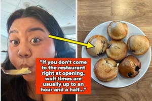 Person eating soup with a thought bubble about restaurant wait times next to plate of muffins