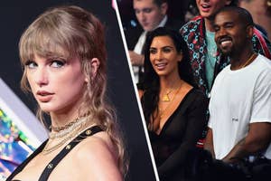 Taylor Swift with a fringe and earrings, Kim Kardashian and Kanye West smiling together