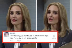 an "SNL" human resources in a scene with a social media comment overlaid about wanting a bartender job because they are burnt out on corporate