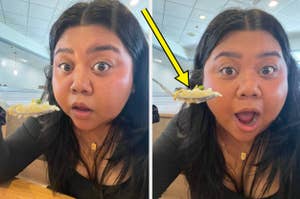 Woman with wide eyes, holding a fork with food near her mouth, appears surprised or excited