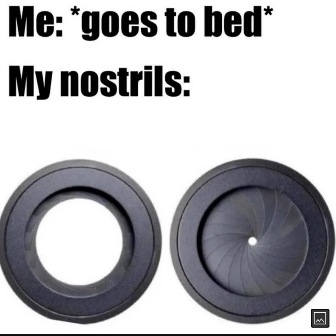 Meme with text about going to bed and two camera lenses representing nostrils