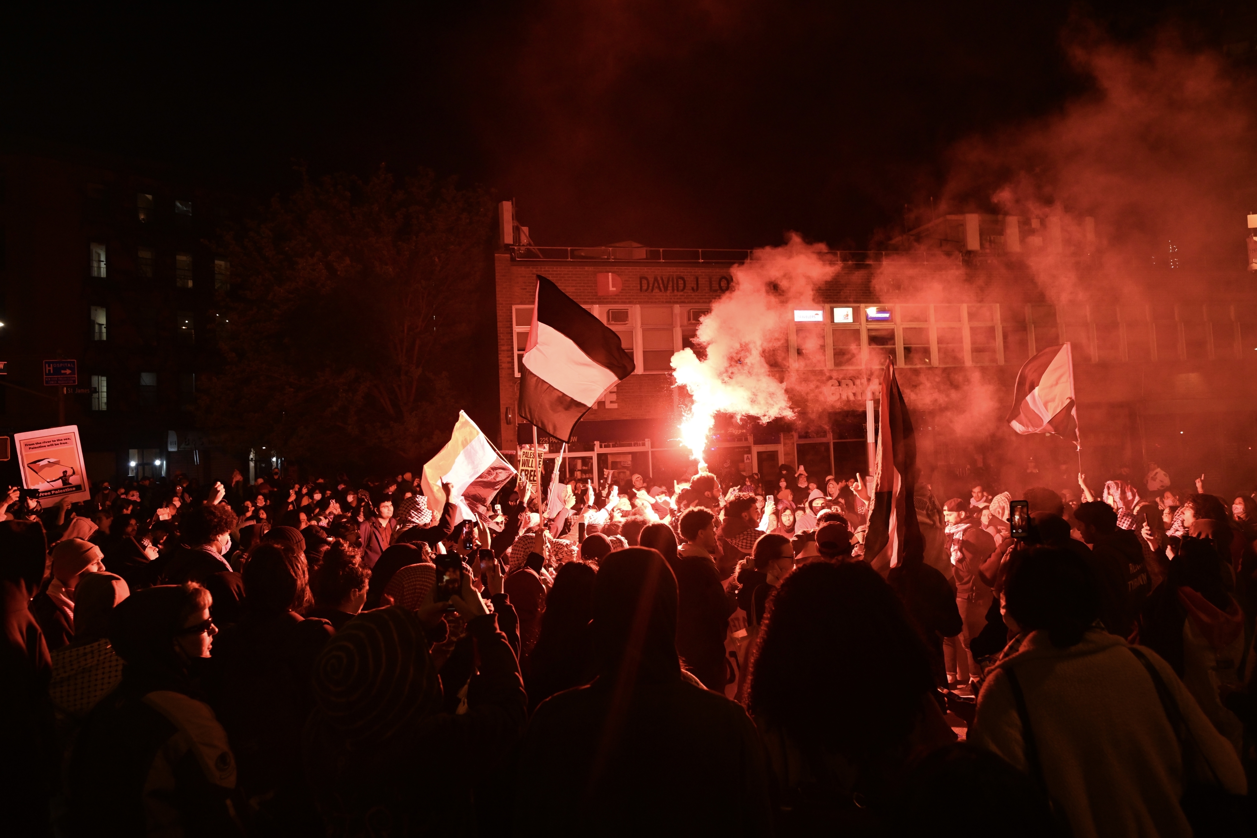 Crowd of people with flags and flares at a nighttime outdoor gathering