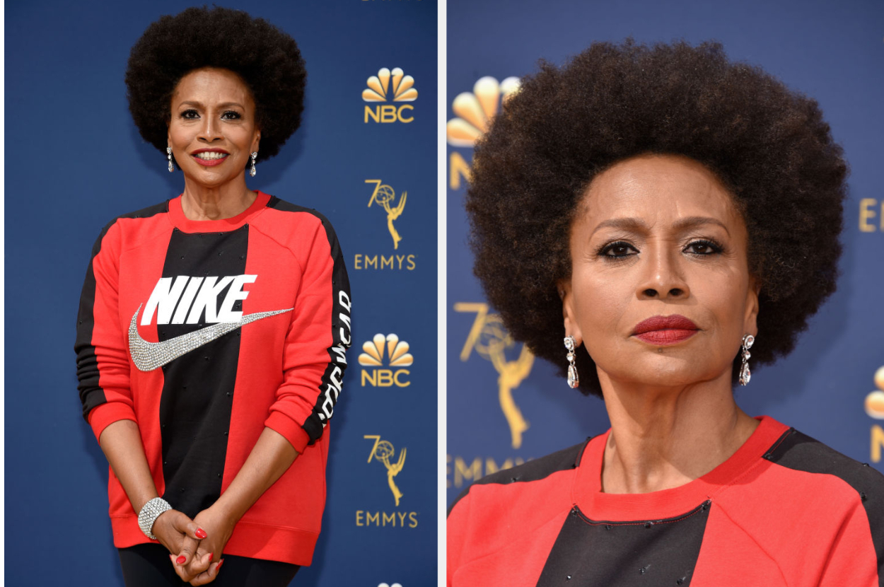Two images of a woman at the Emmys; on the left, full body, in a red Nike jacket and trousers, on the right, a close-up
