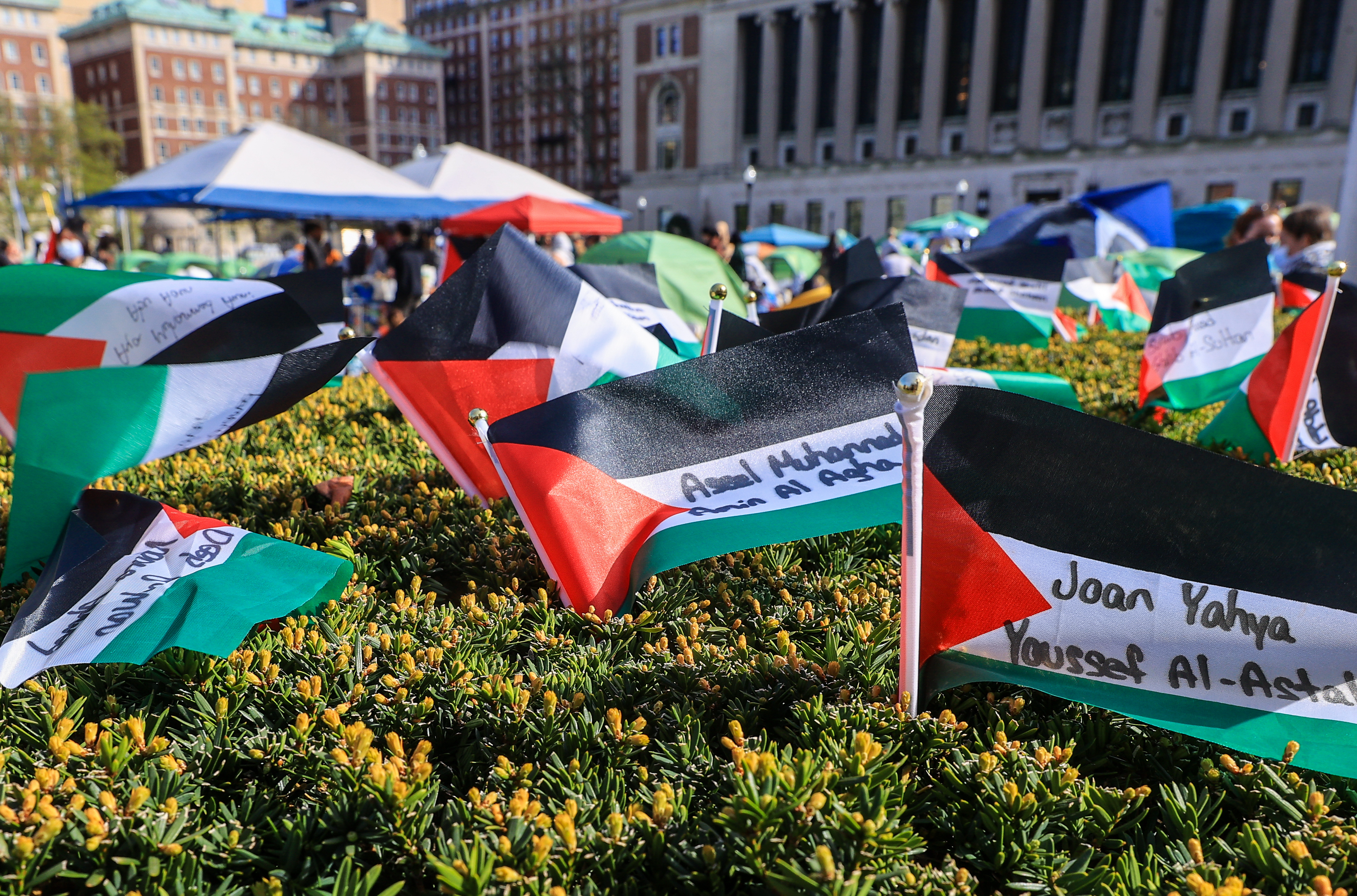 A field of Palestinian flags with names on them, planted in a public space for an event or demonstration