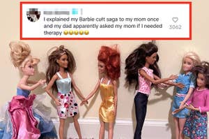 Several Barbie dolls in various outfits are standing in a row; a text overlay shares a humorous personal anecdote