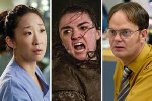 Cristina from Grey's Anatomy, Arya from Game of Thrones, and Dwight from The Office shown in character