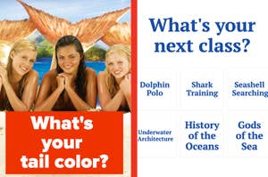 Advertisement for mermaid-themed classes with three smiling people, offering choices like Dolphin Polo, Shark Training