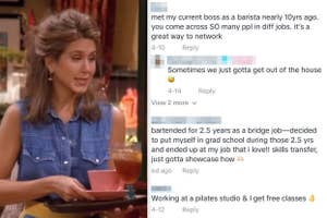 Rachel Green from Friends in a cafe, with overlaid text sharing networking tips and job transition stories