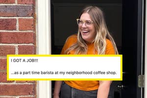 Person smiling at doorway with a text overlay announcing a new job as a part-time barista at a local coffee shop