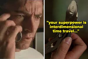 Split-screen of a character in distress and a hand holding a device related to time travel from a TV show