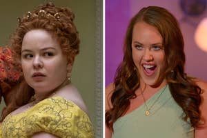 Split image with Elle Fanning as Catherine in ornate dress on the left, and Chrissy Metz in a v-neck dress on the right. Both are emoting