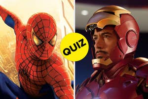 Spider-Man and Iron Man side by side with a yellow "QUIZ" bubble in the center