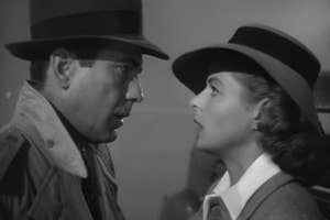 Humphrey Bogart and Ingrid Bergman in a close-up, emotional scene from "Casablanca."