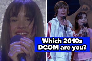 Two scenes from Disney Channel Original Movies; on left, a close-up of a girl smiling, and on right, a boy and girl singing into a microphone. Text reads "Which 2010s DCOM are you?"