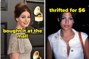 Side-by-side images of two celebrities, one in a sequined dress, the other in a casual shirt, with overlaid text comparing their outfits' costs