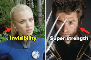 Two characters from Fantastic Four, one showcasing invisibility power and the other showing super strength