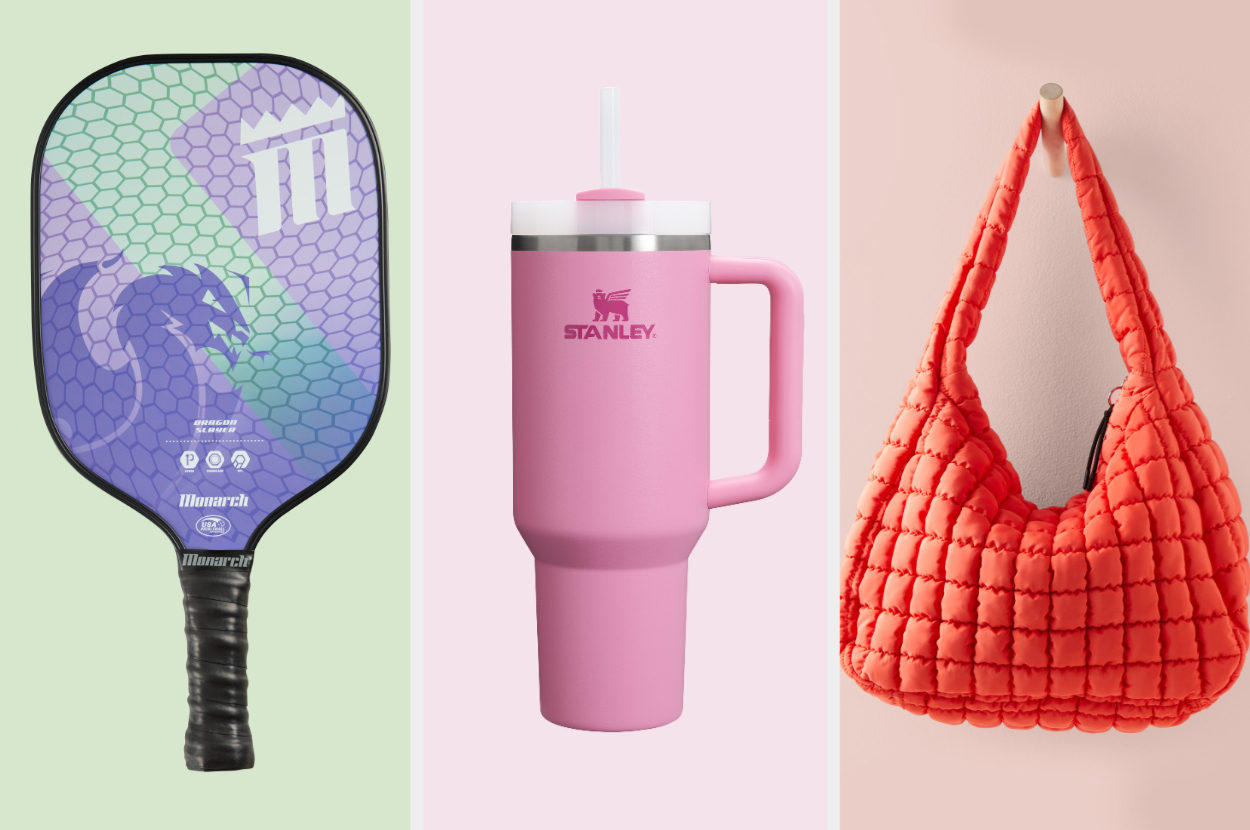 Three products displayed side-by-side: a purple and black pickleball paddle, a pink insulated tumbler, and a red quilted tote bag