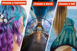 Three panels showing options to choose a hairstyle, a dorm, and a tail; the first features vibrant hair, the second an underwater tunnel, and the third a mermaid tail