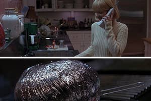 Split image: Top shows a woman on a phone in a kitchen; bottom shows a close-up of a foil-wrapped item