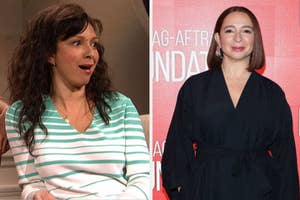 Two photos: Left, a woman in a striped top; right, Maya Rudolph in a black outfit at an event
