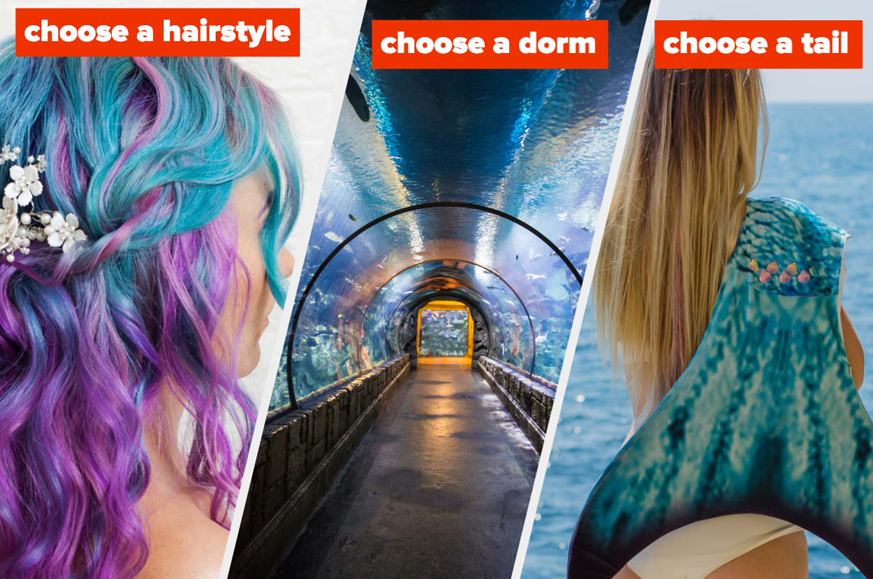 Three panels showing options to choose a hairstyle, a dorm, and a tail; the first features vibrant hair, the second an underwater tunnel, and the third a mermaid tail