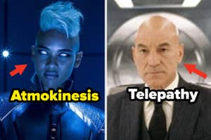 Storm with a mohawk hairstyle on the left and Professor X on the right, text labels their powers as Atmokinesis and Telepathy