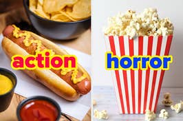 Split image with a hotdog representing action movies and popcorn box representing horror genre