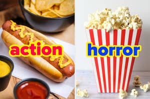 Split image with a hotdog representing action movies and popcorn box representing horror genre