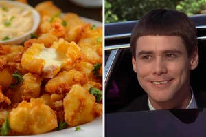 A plate of cheese-covered appetizers next to Jim Carrey in a car from the movie "Dumb and Dumber."