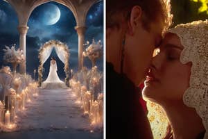 Bride standing under moonlit archway; Padme and Anakin kissing, Padme in lace headpiece