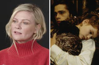 Close-up of Kirsten Dunst; side-by-side image with Kate Winslet and Leonardo DiCaprio in a scene from 