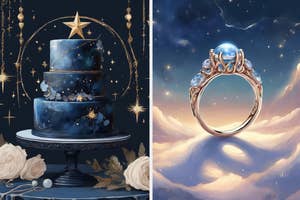 Two images: Left, a tiered cake with celestial theme. Right, illustrated ring with planet-like gem against a starry backdrop
