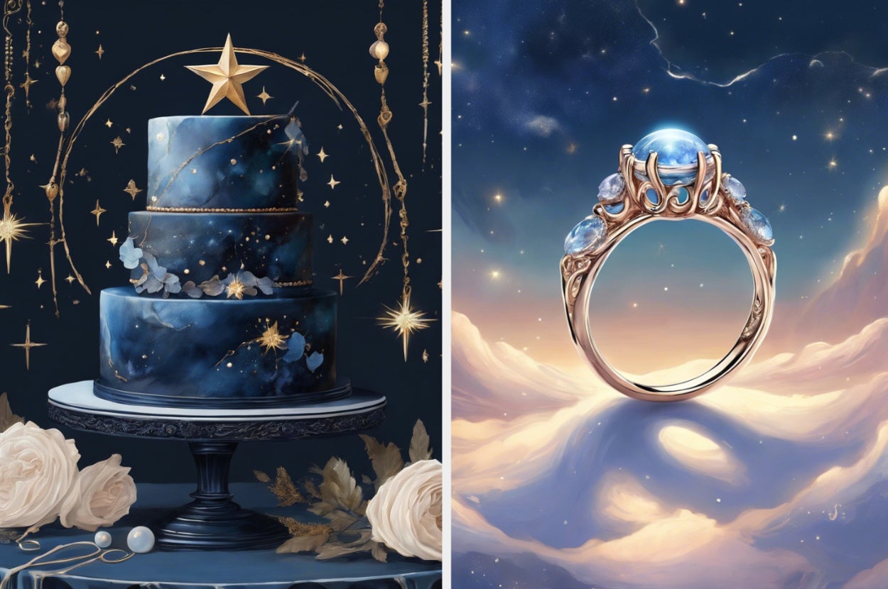 Two images: Left, a tiered cake with celestial theme. Right, illustrated ring with planet-like gem against a starry backdrop