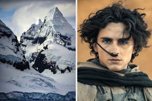 On the left, snowy mountains, and on the right, Timothee Chalamet in Dune Part Two