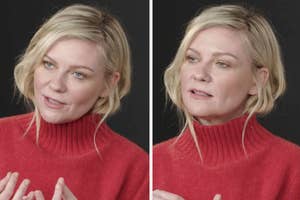 Two side-by-side images of a woman in a red sweater, with expressions of speaking and listening
