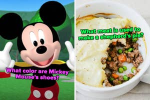 On the left, Mickey Mouse labeled what color are Mickey Mouse's shoes, and on the right, a shepherd's pie in a dish labeled what meat is used to make a shepherd's pie