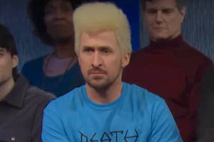 Ryan Gosling contorting his face in confusion dressed like Beavis from Beavis and Butt Head in an SNL sketch