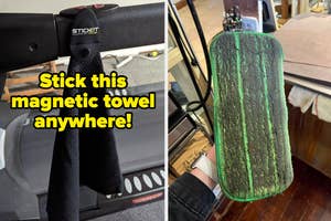 Magnetic towel with 'Stick it' label attached to gym equipment; a dirty reusable Swiffer mop head