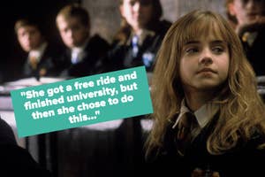 Hermione Granger in class looking thoughtful with a quote about life choices overlaid