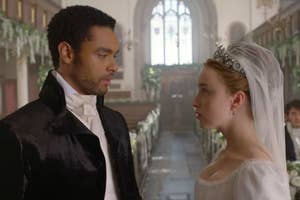 Two characters from Bridgerton, in wedding attire, are facing each other inside a church