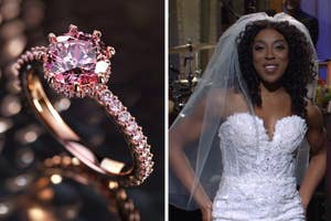 Two images side by side; on the left, a close-up of an intricate ring with a large central gemstone, and on the right, a person in a detailed wedding dress and veil smiling