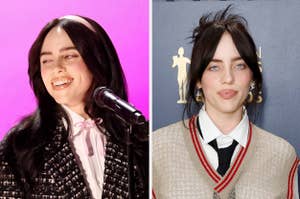 Billie Eilish smiles while singing, and in a separate photo, she poses in a stylish layered outfit
