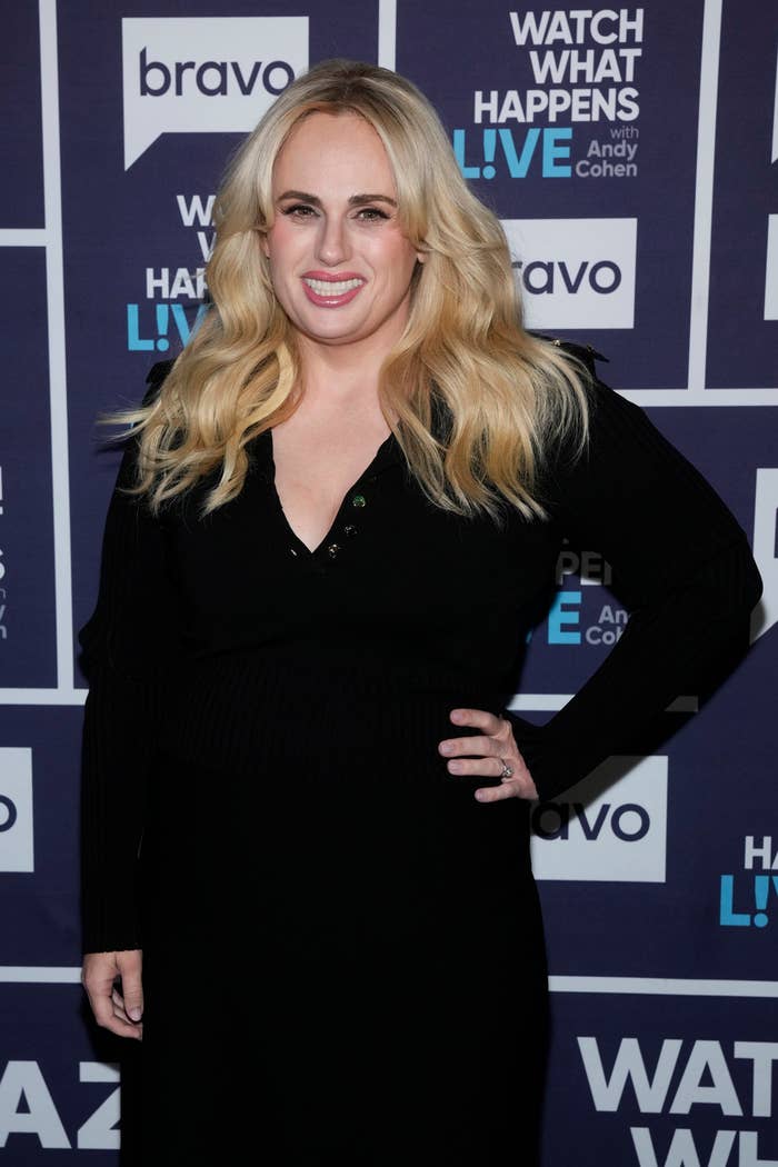 Rebel Wilson poses in a black v-neck dress at a Bravo event