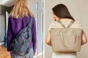 on left: reviewer wearing black over-shoulder mini backpack; on right: reviewer wearing light gray convertible purse with backpack straps
