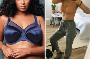 Woman in a supportive bra and another in casual joggers for a comfortable attire article