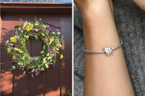 A floral wreath on a door and a close-up of a wrist wearing a silver charm bracelet