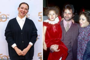 Two side-by-side photos: On the left, Maya Rudolph in a casual blazer outfit; on the right, young Maya with her father Richard and mother Minnie