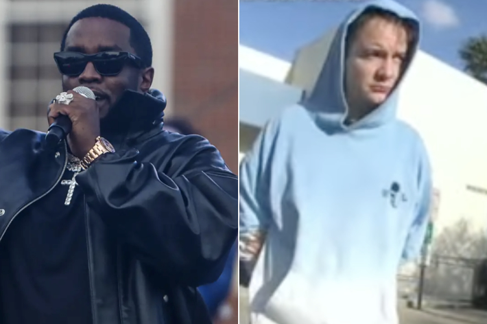 Music artist performing with microphone, another person in a hoodie walking outside