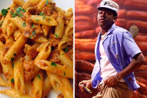 Left: A plate of penne pasta with tomato sauce. Right: Celebrity in a purple, short-sleeved shirt and white hat walking