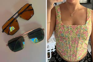 Two pairs of sunglasses and a person wearing a floral coset top